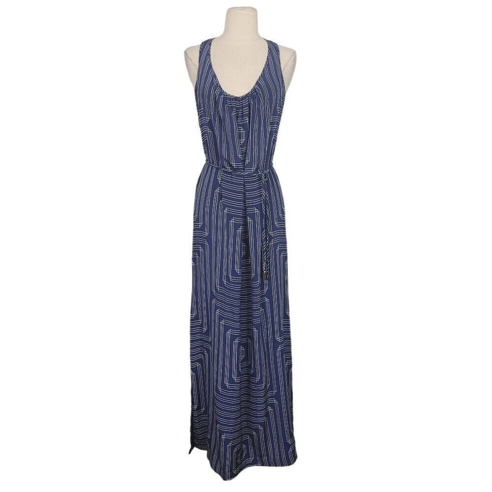 Amanda Uprichard Silk Maxi Dress Coverup Sz S Blue Geometric T-Strap Belted